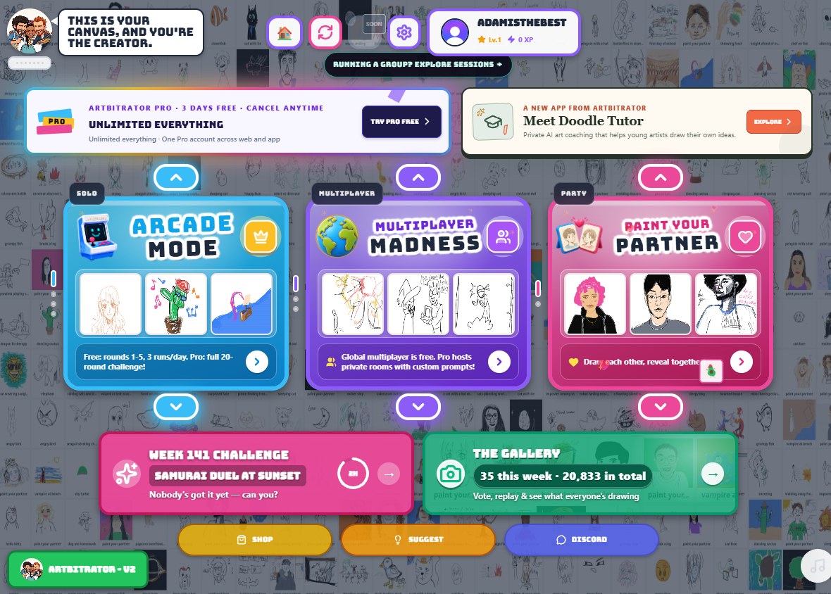 The Artbitrator app with its AI host, Arcade Mode, Multiplayer Madness, Paint Your Partner, weekly drawing challenge, and community gallery.