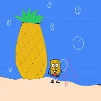 SpongeBob and Patrick next to a pineapple house