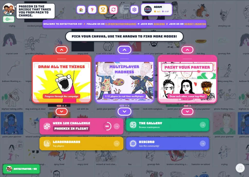 Artbitrator game main menu showing Draw All The Things, Multiplayer Madness, and Paint Your Partner game modes