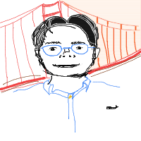 Hand-drawn portrait with glasses and a red bridge background
