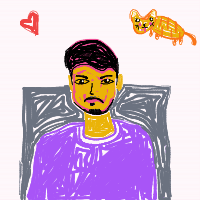 Colourful hand-drawn portrait of a person in a purple shirt