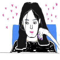 Hand-drawn portrait surrounded by small pink hearts