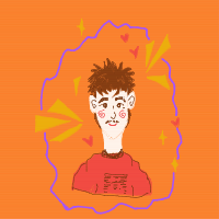Playful hand-drawn portrait on a bright orange background