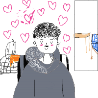 Hand-drawn seated portrait surrounded by pink hearts