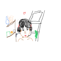 Small portrait wearing headphones in a colourful room
