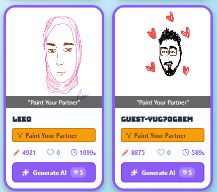 Paint Your Partner reveal - couple's portrait drawings side by side